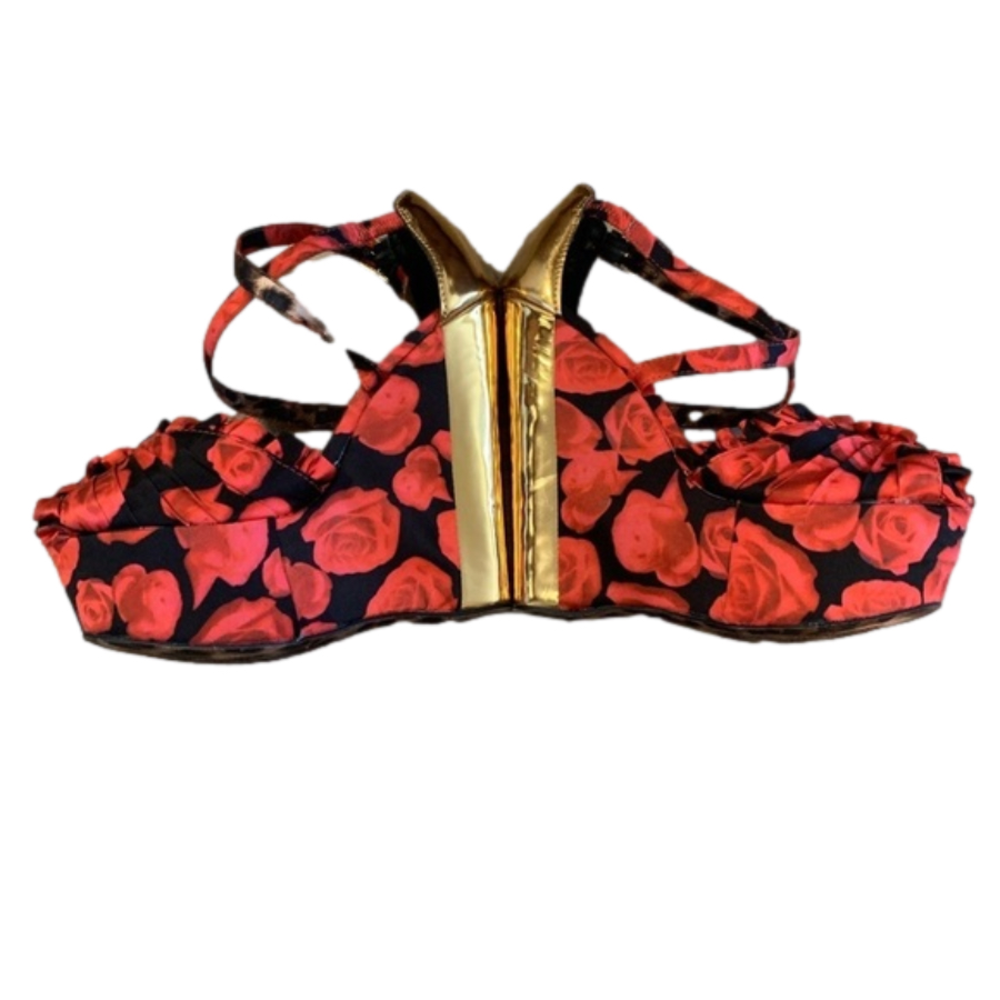 Betsey Johnson Red Rose Floral Gold Wedge Platform Heels - Picture 4 of 14